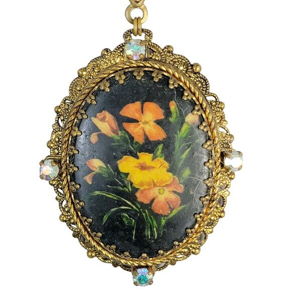 Vintage 60s Brass Filigree Necklace Floral Pendant Aurora Borealis Crystal Pearl - Picture 1 of 16